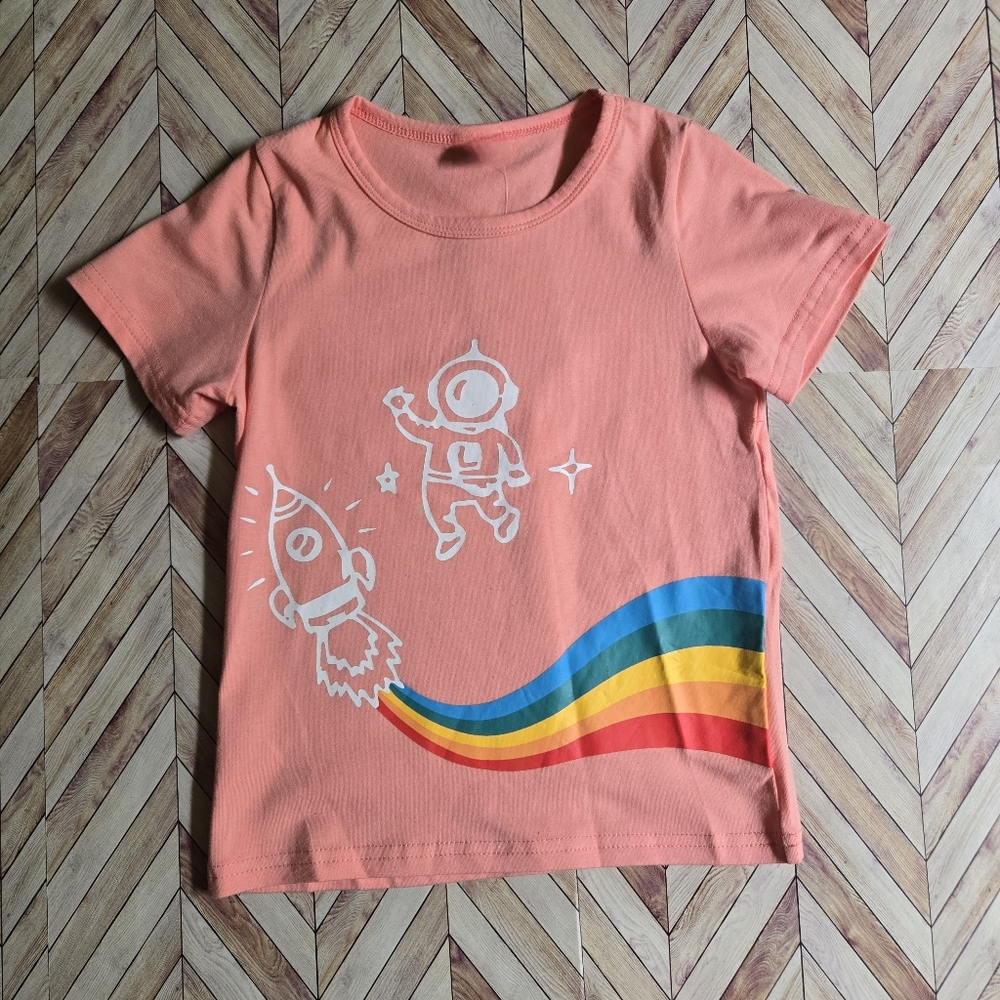 Girls Pink Rainbow Space T-Shirt Short Sleeve Tee Summer Kids Graphic Top 18-24M